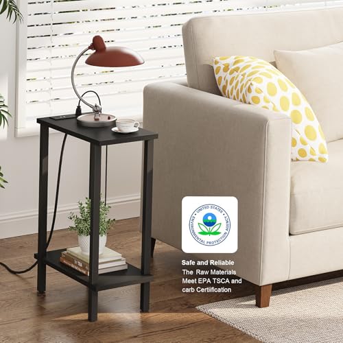 TUTOTAK Narrow Side Table, 2-Tier Small End Table with Charging Station | Skinny Sofa Table, Slim Nightstand, Easy Assembly for Living Room, Bedroom, Black TB01BK060 - color: Black, size: 2-tier
