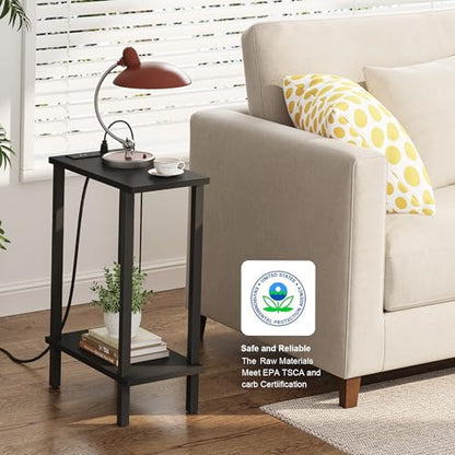 TUTOTAK Narrow Side Table, 2-Tier Small End Table with Charging Station | Skinny Sofa Table, Slim Nightstand, Easy Assembly for Living Room, Bedroom, Black TB01BK060 - color: Black, size: 2-tier