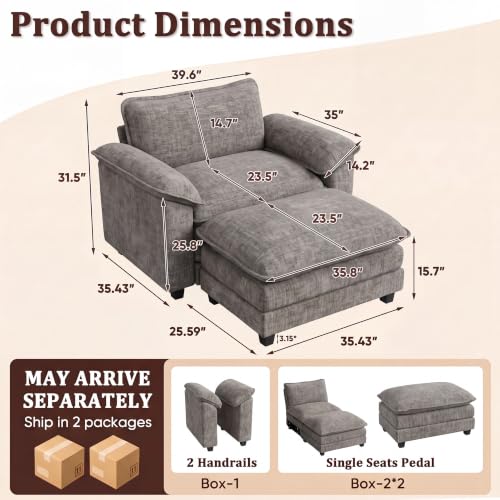 JUMMICO 40" Chaise Lounge Chair with Ottoman, Single Sofa Chair, Light Grey | Comfy Chenille, Double Layer Cushion, Wide Armrest, Deep Seat, High-Density Foam, Reading Chair for Living Room - color: Light Grey, size: Single Sofa Chair