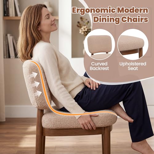 Wooden Dining Chairs Set of 2, Boucle Upholstered Kitchen Chairs with Solid Wood Legs, Mid Century Modern Dining Chairs, Farmhouse Side Chair with Hardwood Frame for Dining Room, Khaki - color: Khaki, size: Set of 2
