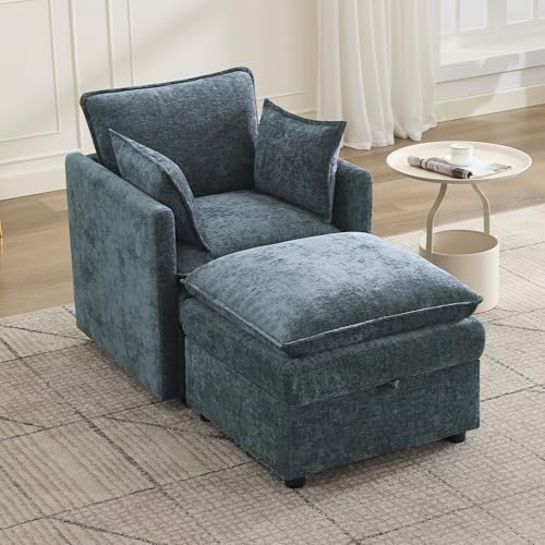 30" Cloud Modular Single Sofa Chair with Storage Ottoman, Modern Upholstered Accent Chair with Storage, Chenille Reading Lounge Armchair for Living Room, Bedroom, Small Space, Blue - color: Blue, size: 30'' Accent Chairs+1 Ottoman