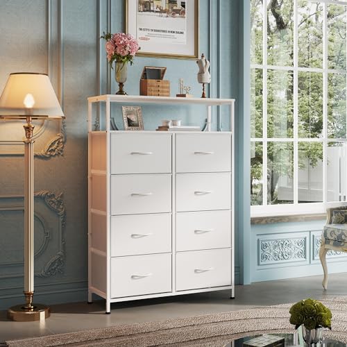 WLIVE 8 Drawer White Fabric Dresser Open Shelves,Tall Storage Tower | White 8-drawer fabric dresser with open shelves, great baby dresser for nursery kids bedroom closet toddler storage - color: White, style: Raised Shelves