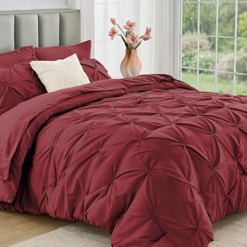 JOLLYVOGUE Twin Comforter Set 5 Pieces - Bed in a Bag Twin for All Season, Pintuck Bedding Comforter Sets with Comforter, Flat Sheet, Fitted Sheet and Pillowcases & Shams, Burgundy - color: Burgundy, size: Twin