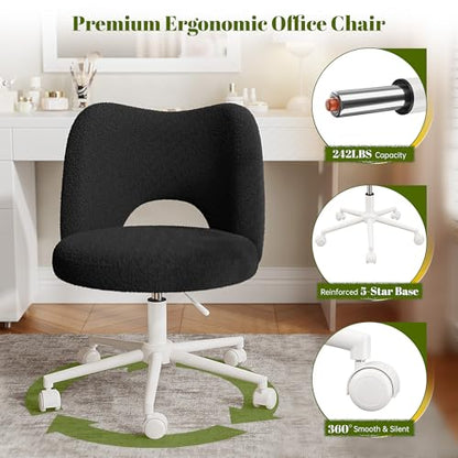 DurayLoly Vanity Chair with Wheels & Breathable Open-Back,Black | Fluffy Teddy Fleece Height Adjustable Armless 300lbs for Makeup Room, Bedroom, Dorm, Home Office, Black - color: Black