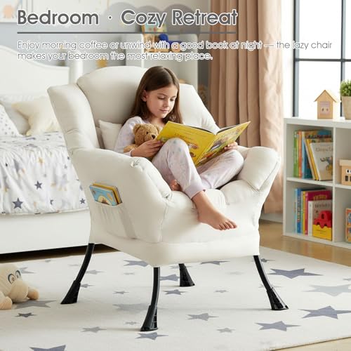 Lazy Chair, Comfy Reading Chair for Bedroom，Beige | Comfy Bedroom Accent Chair with Washable Removable Cover and extra throw pillow for Living Room Dorm - color: Peach Beige-single