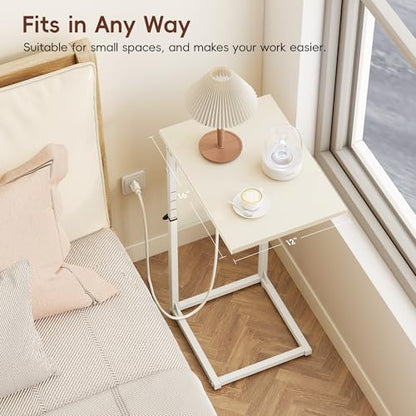 C Shaped End Table with Charging Station, Adjustable Height Side Table for Couch, Small Sofa Table C Table End Table, Slide Under Couch Table TV Tray Arm Table for Living Room, Bedroom, Cream - color: Cream White, style: With Plug