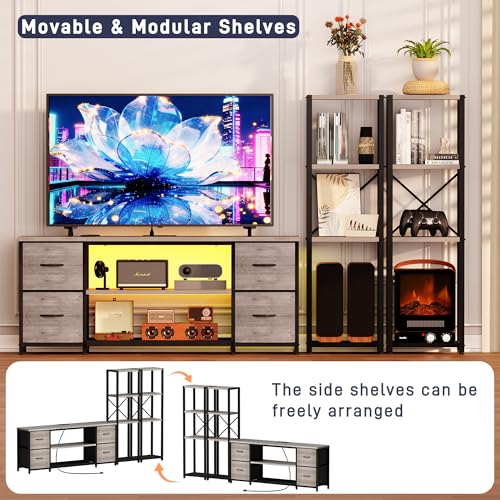 Yenlure LED TV Stand Bookshelf Combo with Charging Station for 65 60 55 Inch TV, Entertainment Center with Lights & Drawers, Industrial Media TV Console Table for Living Room Bedroom Office, Greige - color: Greige