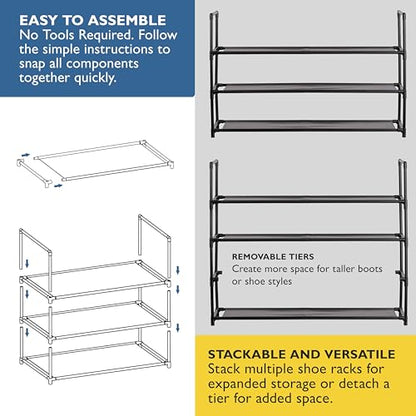 Sundaze Shoe Rack - 3 Tier Shoe Rack for Front Door Entrance, Sturdy Long Shoe Organizer for Closet, Bedroom, Entryway, Garage, Non Woven Fabric Shelf, Black, Holds Up to 15 Pairs - size: 3 Tier (34.3" W)
