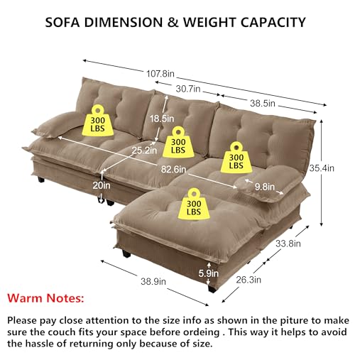 Modular Sectional L-Shaped Sofas,Roomy 3 Seater Sofa Couch with Ottoman,107.8" Chenille Cloud Couches,Modern Tufted Corner Sofa Set for Living Room - color: Light Coffee, size: 3+1