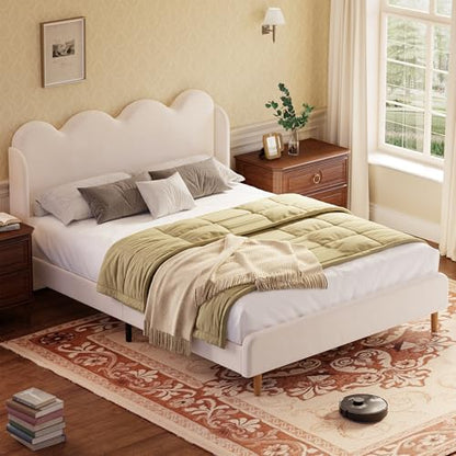 Garvee Full Size Upholstered Platform Bed Frame, Scalloped Wave Tall Headboard, Chenille Wingback Design, Wood Slat Support, No Box Spring Needed, Easy Assembly, Beige | Scalloped Wave Tall Headboard, Wood Slat Support, No Box Spring Needed, Easy Assembly