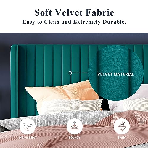 Allewie Queen Size Bed Frame/Velvet Upholstered Platform Bed/Vertical Channel Tufted Wingback Headboard/Strong Wooden Slats/No Box Spring Needed/Easy Assembly/Teal - color: Teal, size: Queen