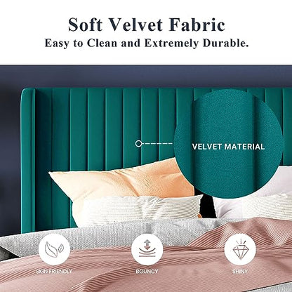 Allewie Queen Size Bed Frame/Velvet Upholstered Platform Bed/Vertical Channel Tufted Wingback Headboard/Strong Wooden Slats/No Box Spring Needed/Easy Assembly/Teal - color: Teal, size: Queen
