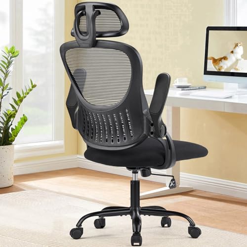 Sweetcrispy Computer Desk Chair, Mesh Office Chair with Lumbar Support | Ergonomic High-Back, Rolling Work, Adjustable Headrests, Flip-up Arms, Home Bedroom Study, Black - color: Black, style: Flip-up Armrest