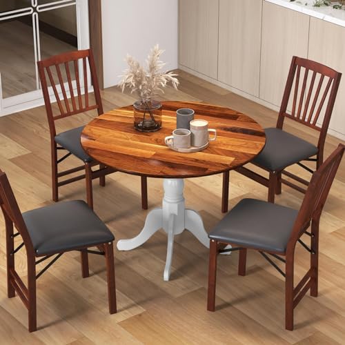 COSTWAY Round Dining Table for 4, 39 inch Kitchen Table with Solid Rubber Wood Frame, Adjustable Foot Pads, Curved Trestle Legs, Mid Century Rustic Dinning Table for Living Room (Walnut+White) | Adjustable Foot Pads, Curved Trestle Legs, Mid Century Rusti