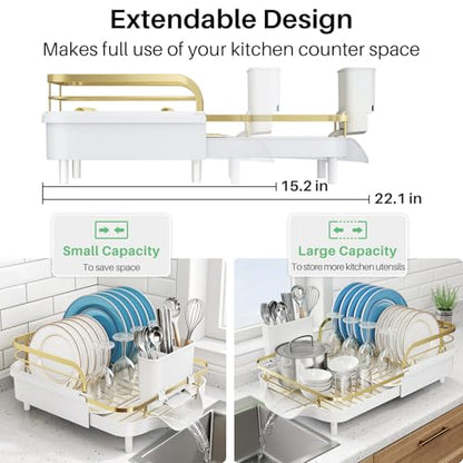 SNTD Expandable Dish Drying Rack for Kitchen Counter, 15.2-22.1 in, Gold | Rust-Resistant Stainless Steel, Protective Side Rails, Self-Draining Drainboard, Removable Utensil Holder - color: Gold