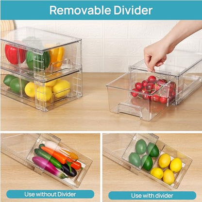 Vtopmart 4 Pack Stackable Storage Drawers,Clear Acrylic Drawer Organizers with Handles, Easily Assemble for Fridge, Bathroom,Kitchen Undersink,Cabinet,Pantry Organization and Storage | Clear Drawer Organizers with Removable Dividers for Flexible storage.