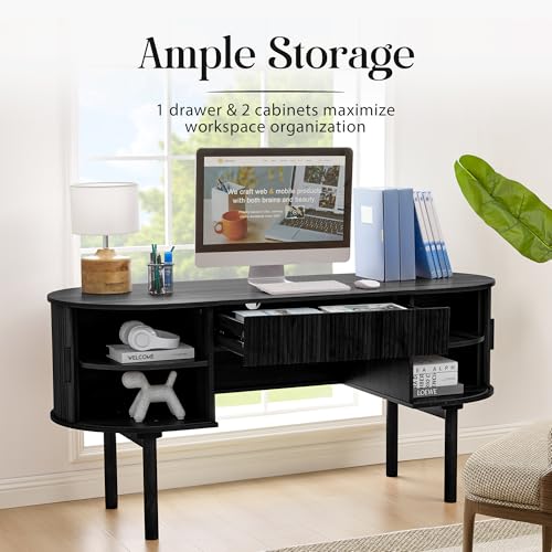 Executive Office Desk with Storage, 63 Inch Large Computer Workstation Desk with Drawer and File Cabinets, Mid Century Modern Fluted Wood Writing Desk for Home Office, Study Room, Living Room, Black - color: Black