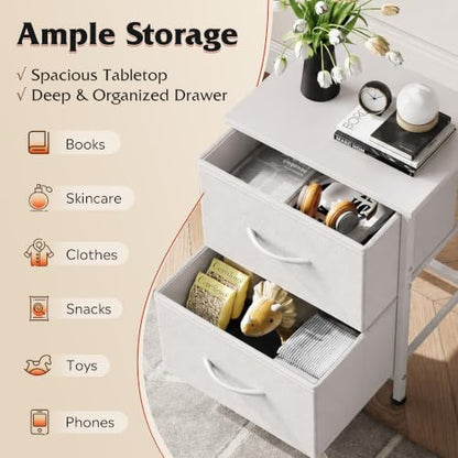 WLIVE White Night Stand, Small Dresser with 2 Drawers & Wooden Top, White | Nightstand with Fabric Bins, Bedside Table End Table for Bedroom, 15-Min Quick-Assembly - color: White, size: 11.8"D x 15.7"W x 20.9"H