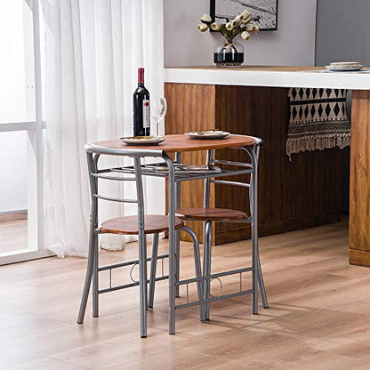VINGLI 3 Piece Dining Set, Small Kitchen Table Set for 2, Breakfast Table Set, Kitchen Wooden Table with 2 Chairs for Small Space/Dining Room/Apartment, Metal Frame, Wine Rack, Russet - color: Russet