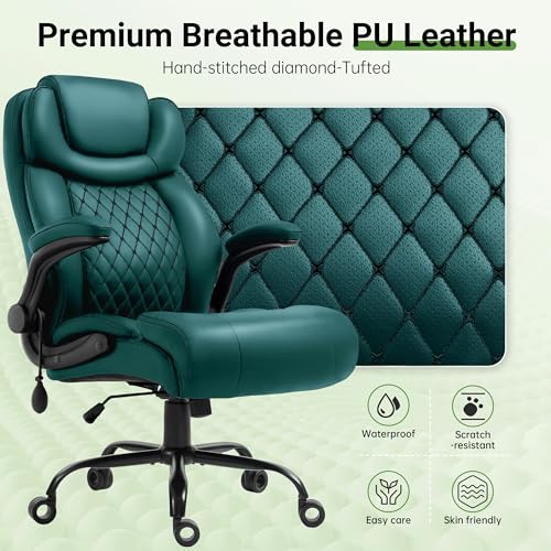 Office Chair, Big and Tall Executive Chair with Air-Lumbar Support, Breathable Desk Computer Chair with Adjustable Flip-up Armrests, Wide Cushion Seat Swivel Home Office Chair - color: Green