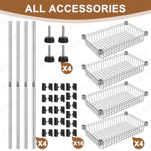 4 Tier Basket Shelf Wire Shelving Unit Adjustable Metal Storage Rack Storage Shelving Standing Shelf Units Heavy Duty Organizer for Pantry Kitchen Bathroom Closet Laundry Utility Room 14"Dx24"Wx47"H
