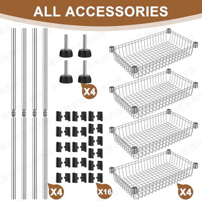 4 Tier Basket Shelf Wire Shelving Unit Adjustable Metal Storage Rack Storage Shelving Standing Shelf Units Heavy Duty Organizer for Pantry Kitchen Bathroom Closet Laundry Utility Room 14"Dx24"Wx47"H