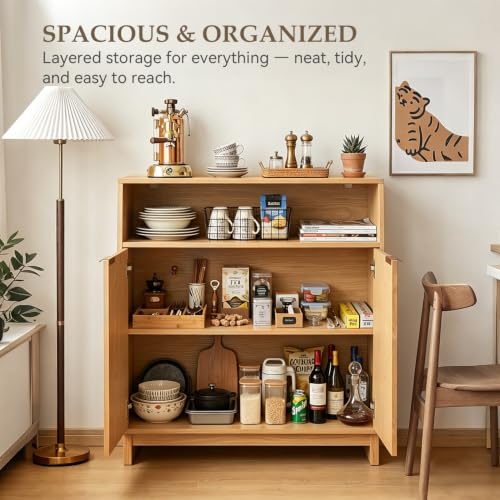 Buffet Cabinet with Storage, 31.5" Wide Kitchen Sideboard Cabinet | Mid Century Modern Wood Fluted Cabinet with Doors& Adjustable Shelves for Entryway Living Room Hallway Coffee Bar Dining Room - color: Natural Oak