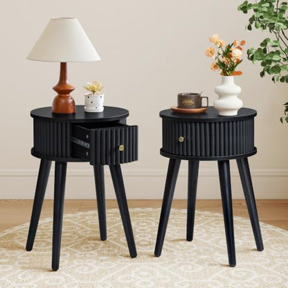 Round Fluted Side Table Set of 2, Small End Table with Fluted Drawer, Mid-Century Modern Wooden Bedside Table Round Nightstand Small Sofa Side Table for Living Room(Black) - color: Black, size: 15.7"D x 15.7"W x 23.6"H