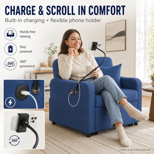 Majnesvon Convertible Chair Bed 3 in 1, Sofa Bed Chair (Blue) | with Adjustable Backrest & Charging Station, Small Space One Person Couch for Apartment, Office, Living Room, Bedroom - color: Blue