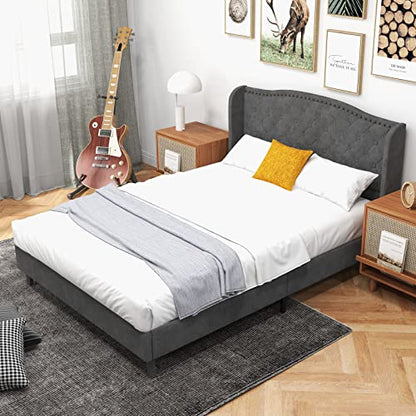 Upholstered Full Bed Frame w/Wood Slats & Noise-Free EVA Foam | Low Velvet Mattress Foundation, Button Tufted Wingback Headboard, No Box Spring Needed, Double Platform Bed Frame Full Size - size: Full
