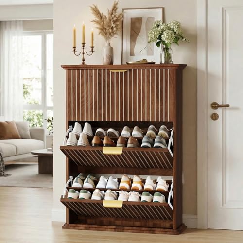 Walnut Hidden Shoe Storage Cabinet,Narrow Shoe Rack Cabinet with 3 Flip Drawers,Freestanding Shoe Organizer for Entryway - color: Walnut, size: 31.5"D x 9.8W x 43.3"H（Fluted）