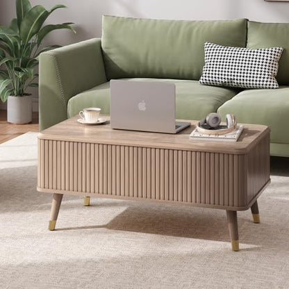 SULIVES Lift Top Coffee Table with Storage,Fluted Coffee Table with Lifting Top,Mid Century Modern Center Table with Solid Wood Legs,Small Coffee Tables for Living Room,Oak - color: Oak_rectangular