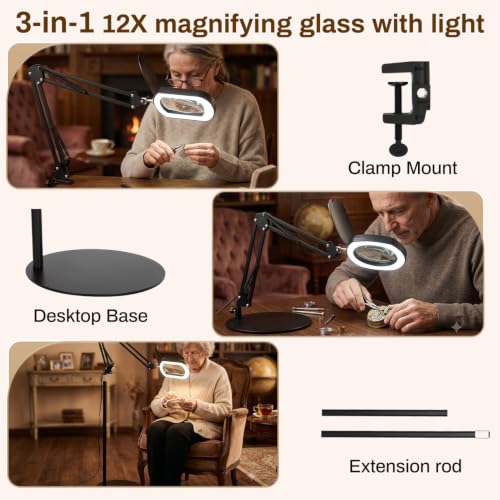 12X Magnifying Glass with Light, 3-in-1 LED Desk Lamp with Base Clamp & Floor Stand, 5 Color Modes Stepless Dimmable LED, Hands Free Magnifier for Reading, Crafts, Painting, Close Work