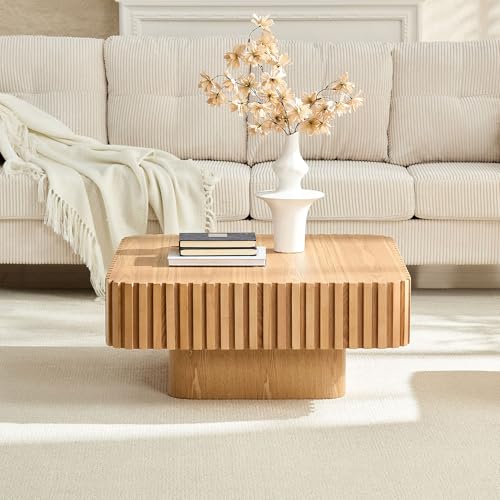 JUSTONE 35-inch Mid-Century Modern Drum Coffee Table, Handcrafted Wood Round Center Table for Living Room, Home Office, Natural Ash - color: 35.43'' - Natural Ash-1