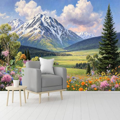 Custom Size Wall Murals, Natural Scenery & Colorful Flowers, Self-Adhesive Removable Fabric (NO PVC) Wallpaper for Living Room & Bedroom & Office