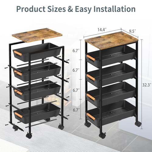 5 Tier Slim Rolling Utility Cart with Drawers Pull-Out Design Slim Storage Cart with Metal Frame and Wooden Top for Narrow Space in Home Kitchen Bathroom Black (Width 9.5 Inches) - color: Black, size: Width 9.5 Inches