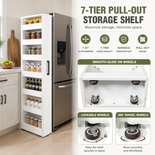 Tall Narrow Storage Cabinet, 71 Inch Tall, 8 Inch Wide, White | 7-Shelf Slim Pull-Out Organizer with Wheels for Small Spaces, Kitchen, Bathroom, Laundry Room and Narrow Gaps - color: D-white