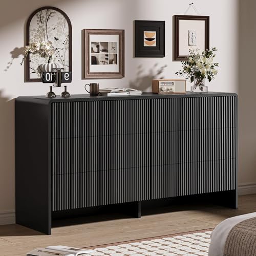 MAISONARIA Black Curved 6 Drawer Dresser, 55" Wide Modern Long Dresser for Bedroom, Living Room, or Entryway, Push to Open Storage Chest, Minimalist Scandinavian Style - color: Black, size: 15.7"D x 55.1"W x 29.7"H (6 Drawers)