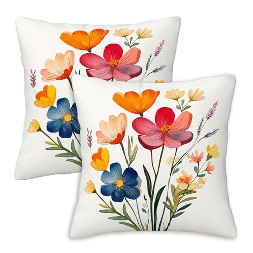 Firmiso Spring Floral Throw Pillow Covers 18x18 Set of 2 | Watercolor Decorative Cushion Covers for Sofa Couch Bed | Fresh Botanical Home Decor Pillow Cases | Orange Pink Blue Accent - color: Spring Floral