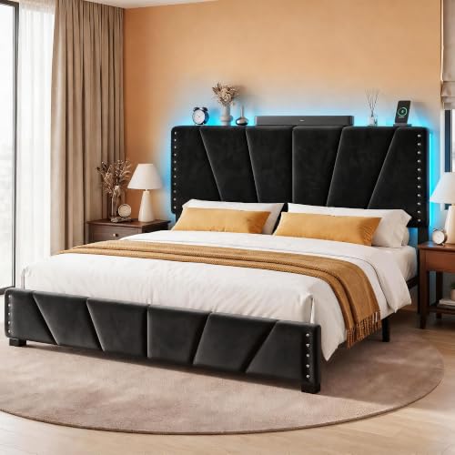 EnHomee King Size Bed Frame with LED Lights & USB, Noise-Free, Black | Adjustable Velvet Headboard，Under-Bed Storage，Heavy Duty Support with 12 Slats，No Box Spring Needed，Easy Assembly for Bedroom - color: Black, size: King (U.S. Standard)