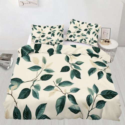Watercolor Leaf Bedding Teal Sage Foliage Duvet Cover Full | Brown Twig Vine Comforter Cover with Zipper & Ties - 3 Pieces with 2 Pillowcases - White Solid Base Home Decor & Gifts - color: Teal Sage Foliage, size: Full (80 x 90 in)