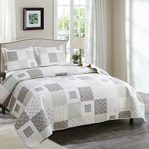 Ycosy Quilt Set Twin Size Floral Bedspread Coverlet Plaid Patchwork Quilt Bedding Morden Lightweight Bedspread Reversible Home Quilts Grey Floral Bed Cover Set White Beige Plaid Quilt - color: Grey White, size: Twin