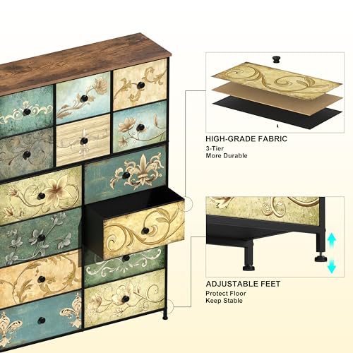 Dresser with Drawers for Bedroom Chest of Drawers Fabric Dresser for Closet,Nursery Entryway Hall Tree TV Stand for Living Room Retro Floral Pattern Drawers Wooden Top (14 Drawers) - size: 11.8"D x 39"W x 57"H (14 Drawers)