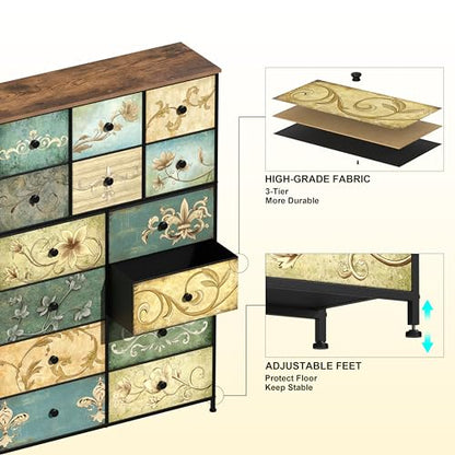 Dresser with Drawers for Bedroom Chest of Drawers Fabric Dresser for Closet,Nursery Entryway Hall Tree TV Stand for Living Room Retro Floral Pattern Drawers Wooden Top (14 Drawers) - size: 11.8"D x 39"W x 57"H (14 Drawers)