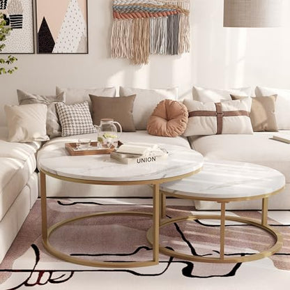 WiberWi Round Coffee Table Nesting Tables Set of 2, Large : Ø 34.0", Small : Ø 26.0", Modern Design Coffee Tables for Living Room, Gold Metal Frame Circle Cocktail Table, High Glossy Faux White Marble - color: White Faux Marble