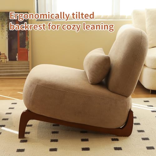 Camel Velvet Slippers Chair with Solid Wooden Legs, Low Profile Design | Cute Armless Accent Chair with Soft Cushion, Comfy Upholstered Side Chairs for Living Room, Bedroom, Balcony or Reading Room - color: Camel