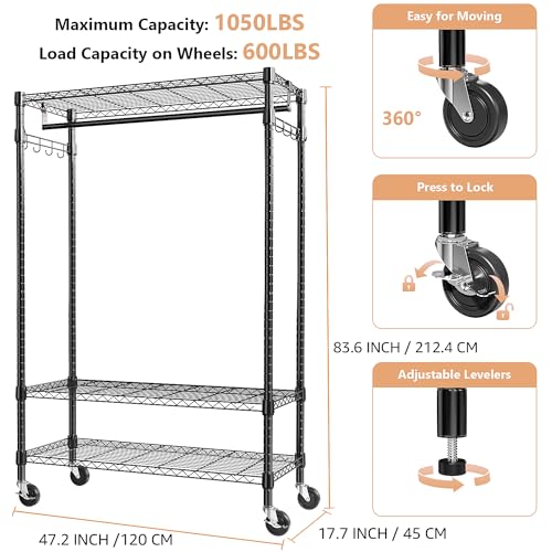 M MZG Heavy Duty Rolling Garment Rack 3 Tiers Adjustable Wire Shelving Clothes Rack with Rods and Side Hooks,Storage Closet Clothing Rack with Wheels Black 17.7" D x 47.2" W x 83.6" H - color: Black, size: 3 Tier with 1 rod, 17.7"D x 47.2"W x 83.6"H
