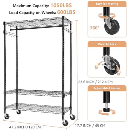 M MZG Heavy Duty Rolling Garment Rack 3 Tiers Adjustable Wire Shelving Clothes Rack with Rods and Side Hooks,Storage Closet Clothing Rack with Wheels Black 17.7" D x 47.2" W x 83.6" H - color: Black, size: 3 Tier with 1 rod, 17.7"D x 47.2"W x 83.6"H