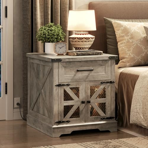 Farmhouse End Table with Charging Station, 24" Large Sofa Side Table with Drawer, Large End Table for Living Room, Wooden Nightstand with Outlet, Square, Greige - color: Greige