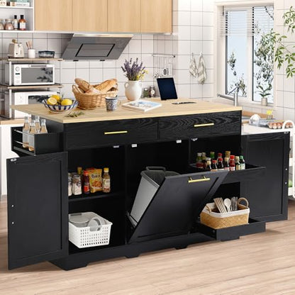 60" Kitchen Island with Power Outlet, Drop Leaf, Trash Can Storage | Rolling Kitchen Island Table Cart Cabinet with Drawer, Mobile Kitchen Cabinet on Wheels w/Spice Rack, Towel Bar, Hooks - color: Black, size: 60"